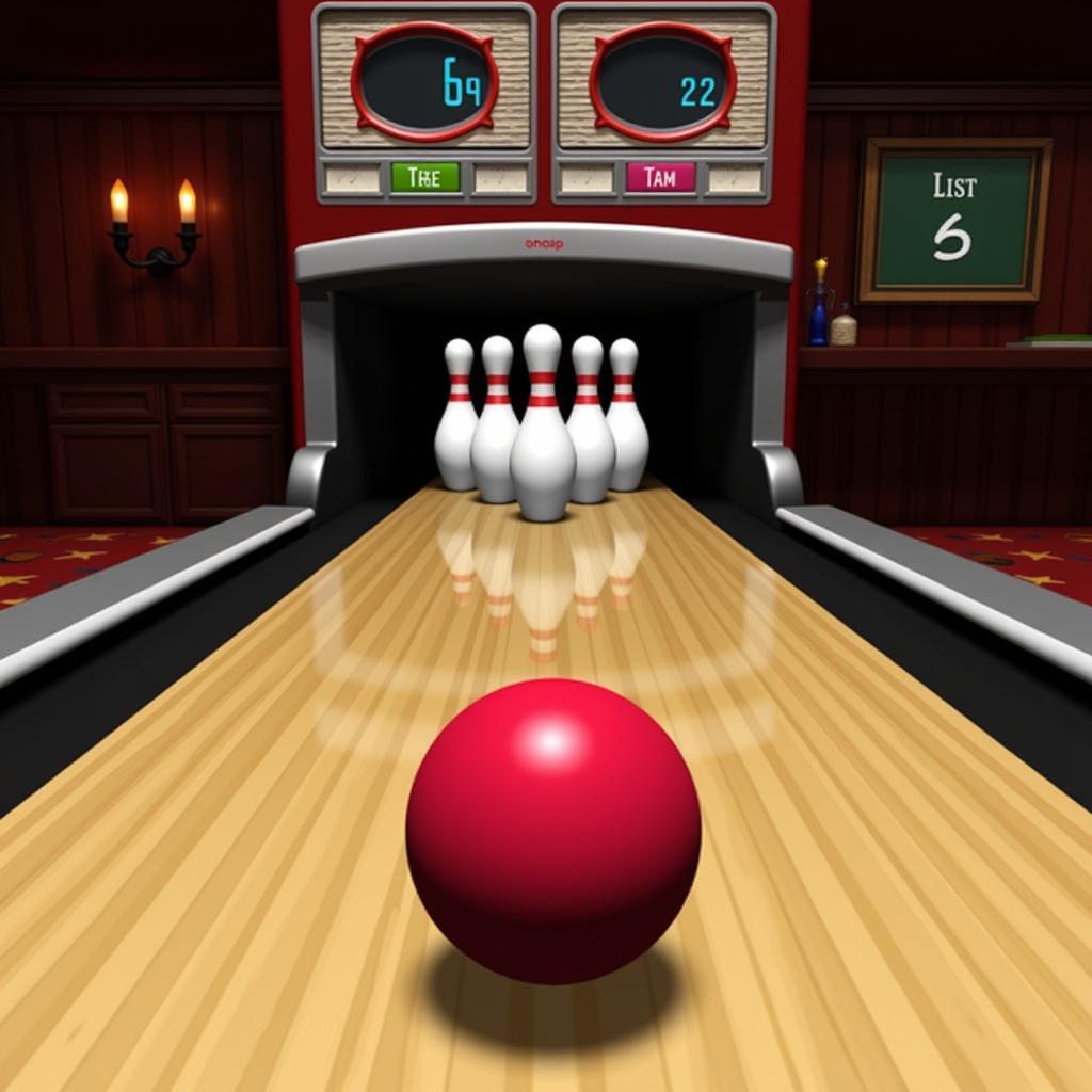 10 Pin Shuffle gameplay screenshot showing the game interface, bowling ball, and pins