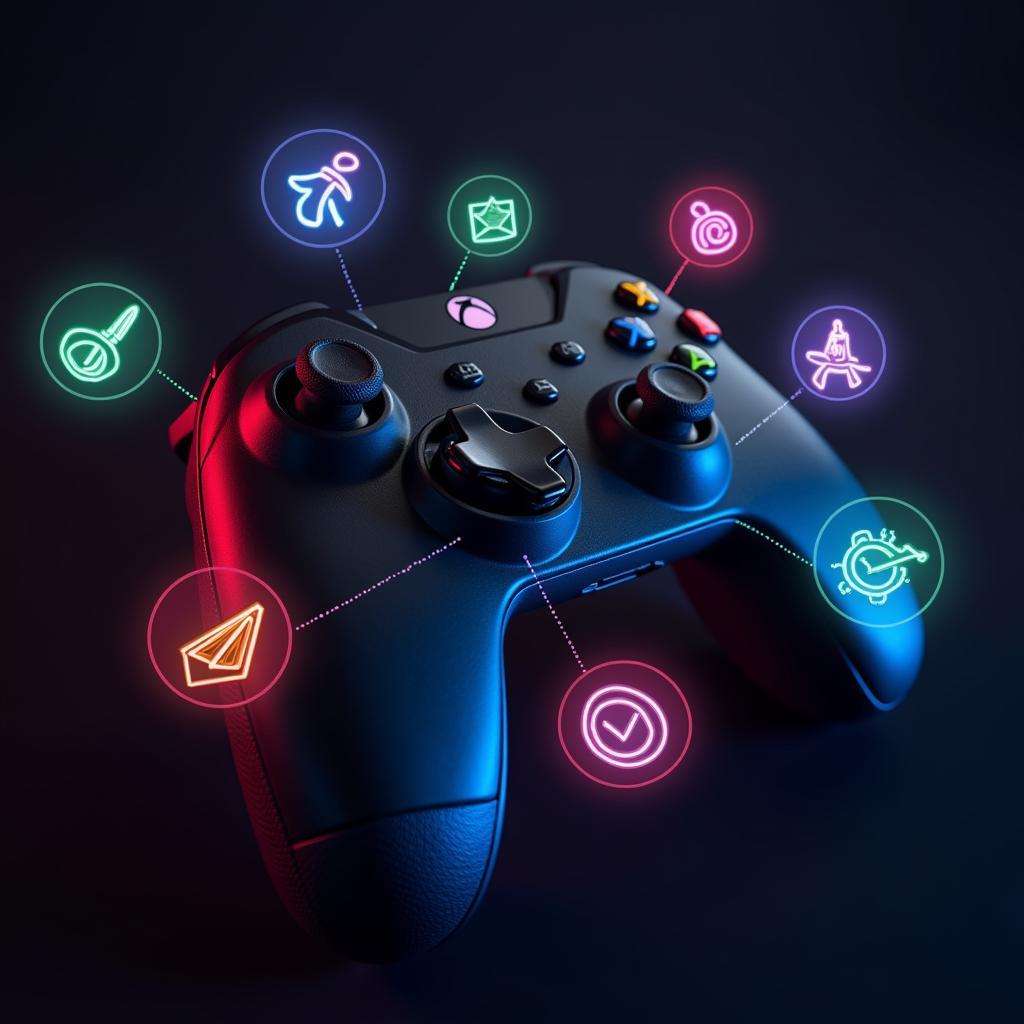 Controller with game icons and tips displayed on screen