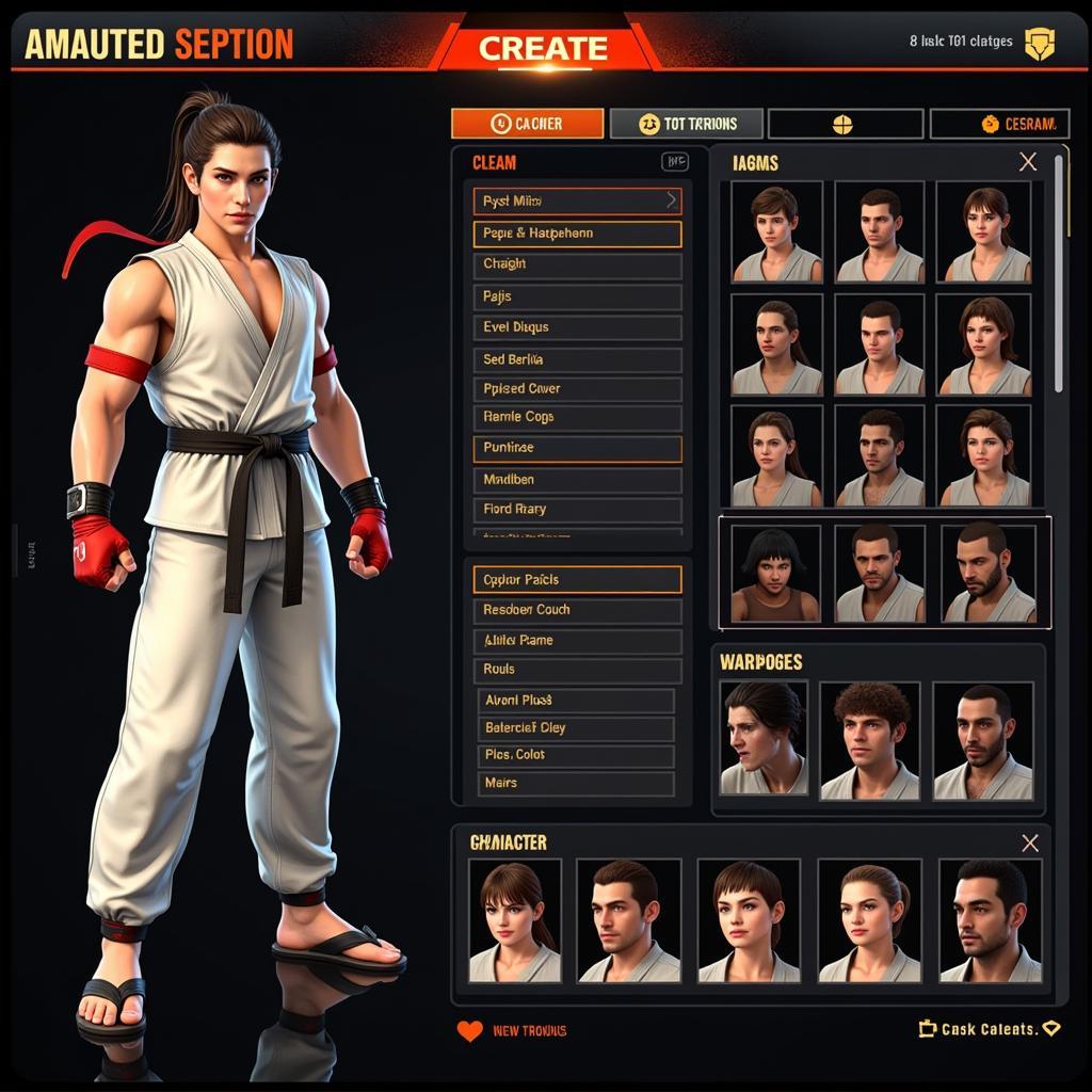 Character customization screen in Age of Wushu Dynasty showcasing various options for appearance and skills.