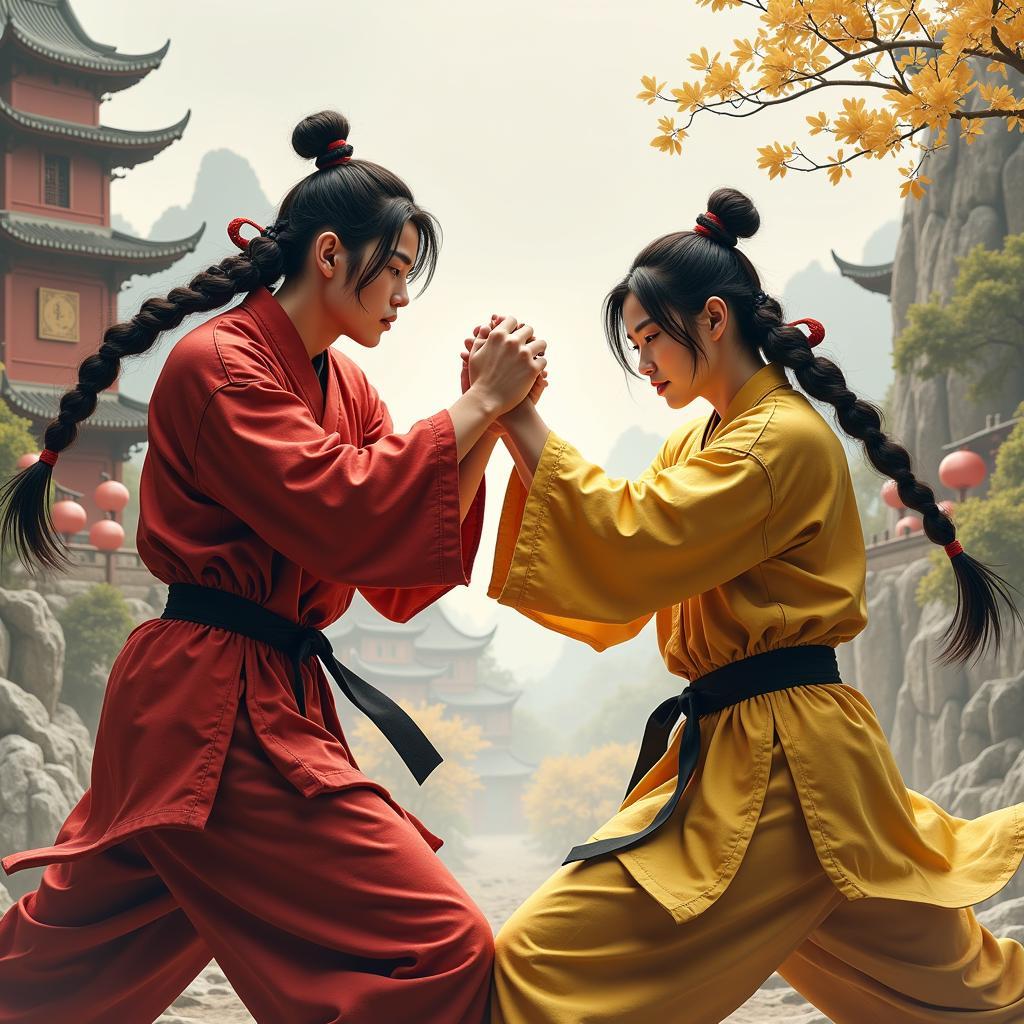 Intense combat scene in Age of Wushu Dynasty showing players engaged in a PvP battle with various martial arts styles.