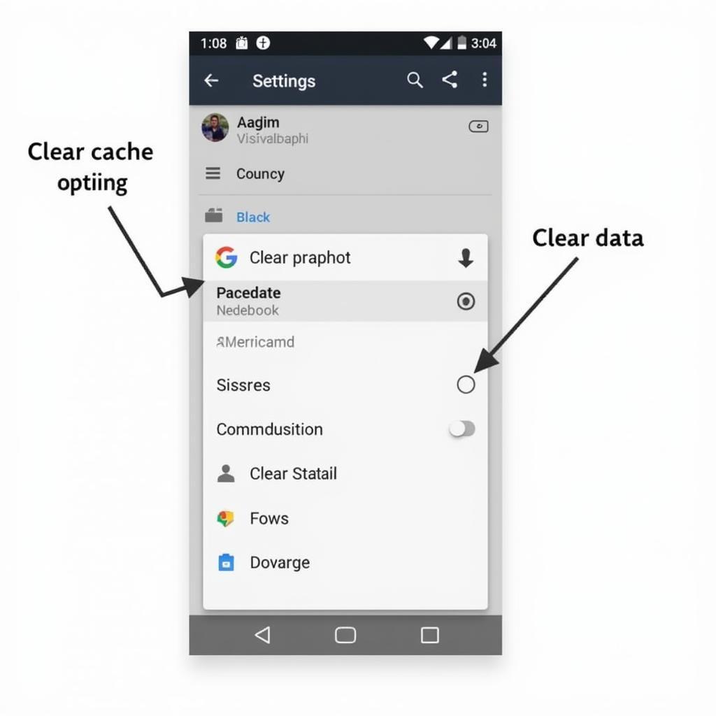 Android settings menu with "Clear cache" and "Clear data" options highlighted