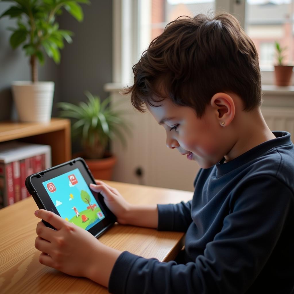 A child happily playing a game on a tablet with Anonymous Kid APK