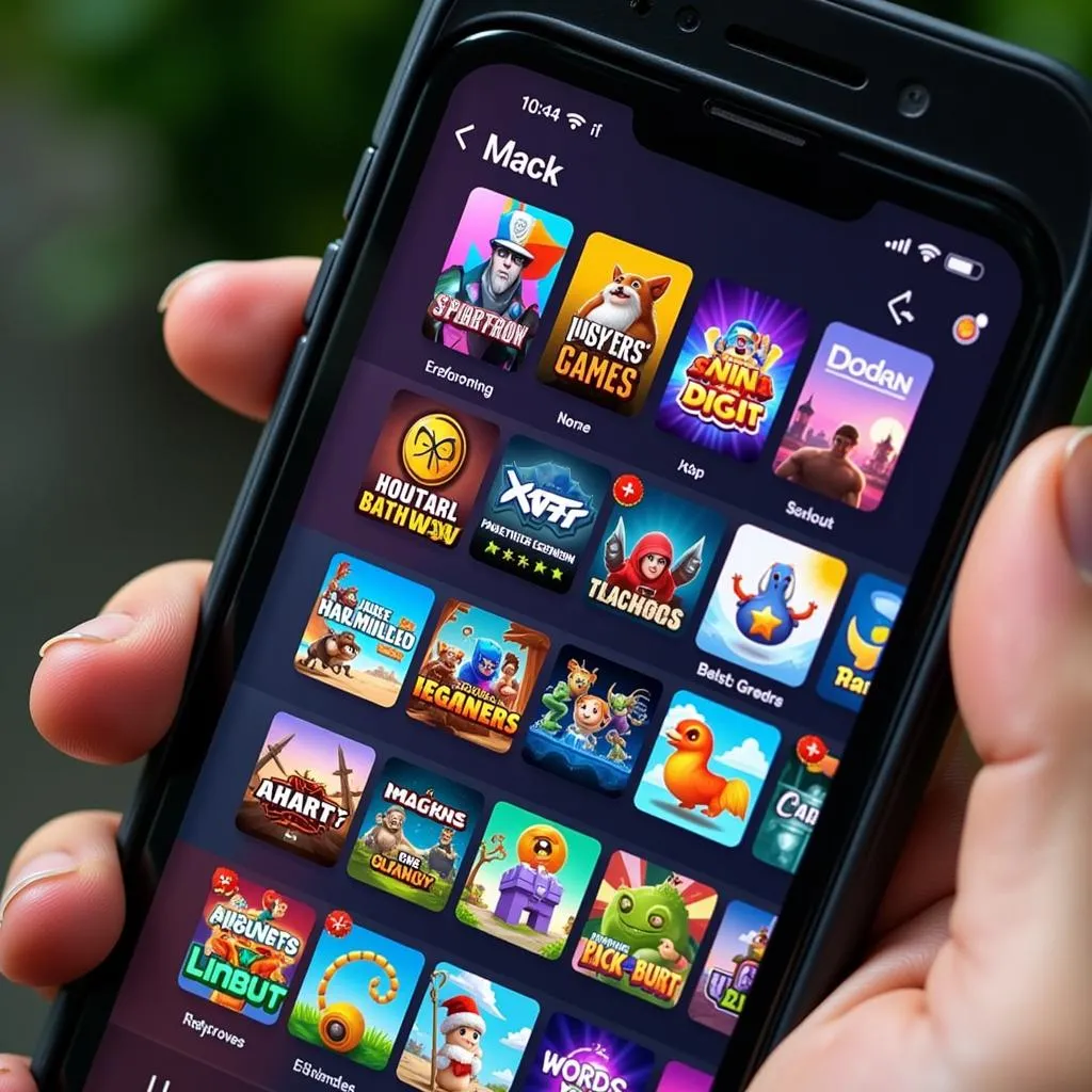 A diverse collection of mobile game apps displayed on a smartphone screen