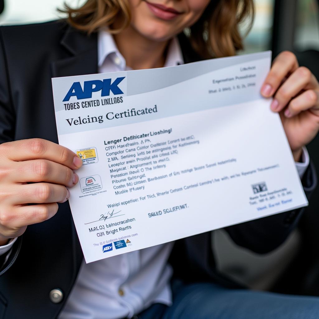 Hand holding an APK certificate in front of a car in Leeuwarden