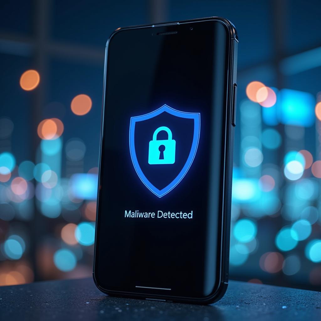 Smartphone with security shield and malware detected notification.