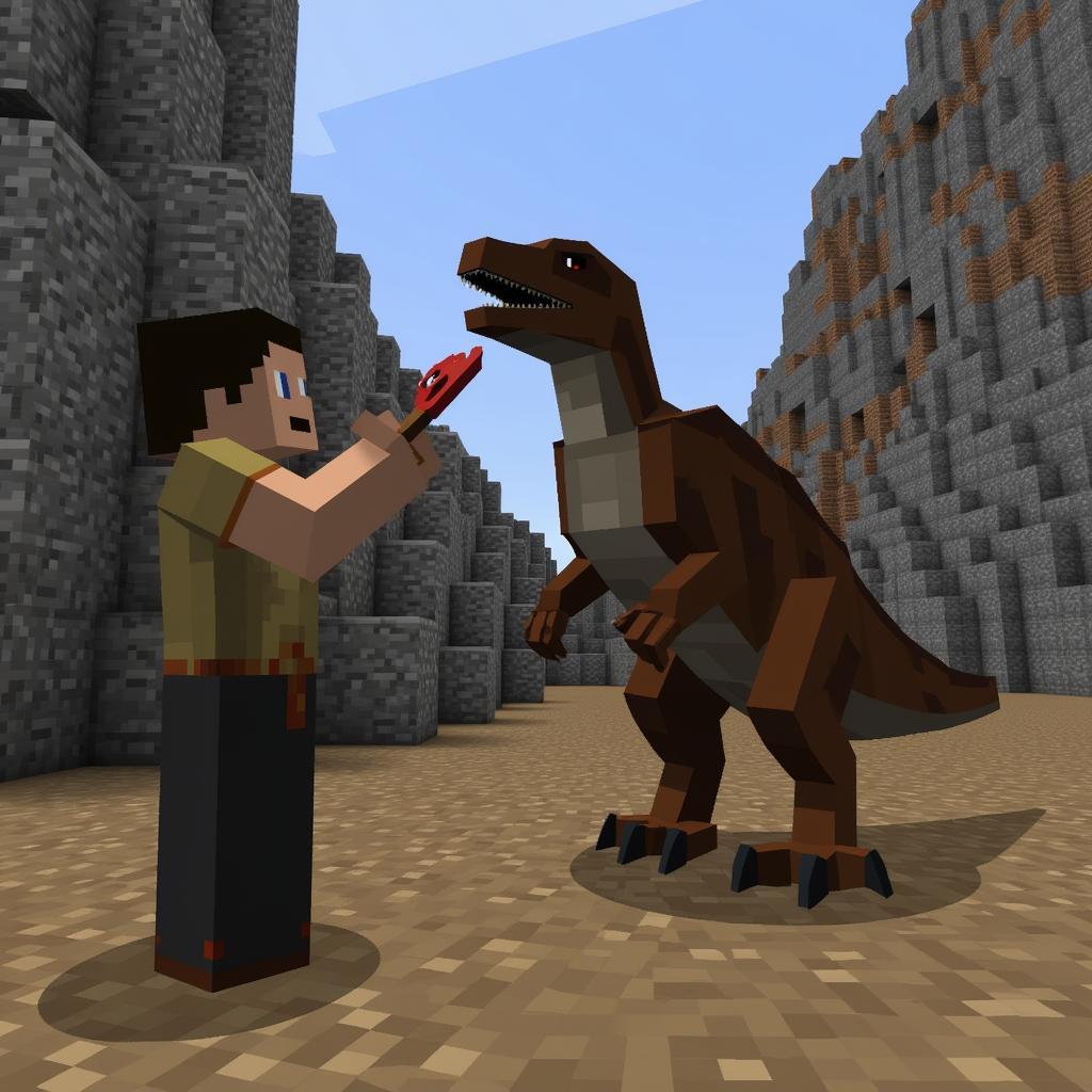 A Player Taming a Raptor in Ark of Craft