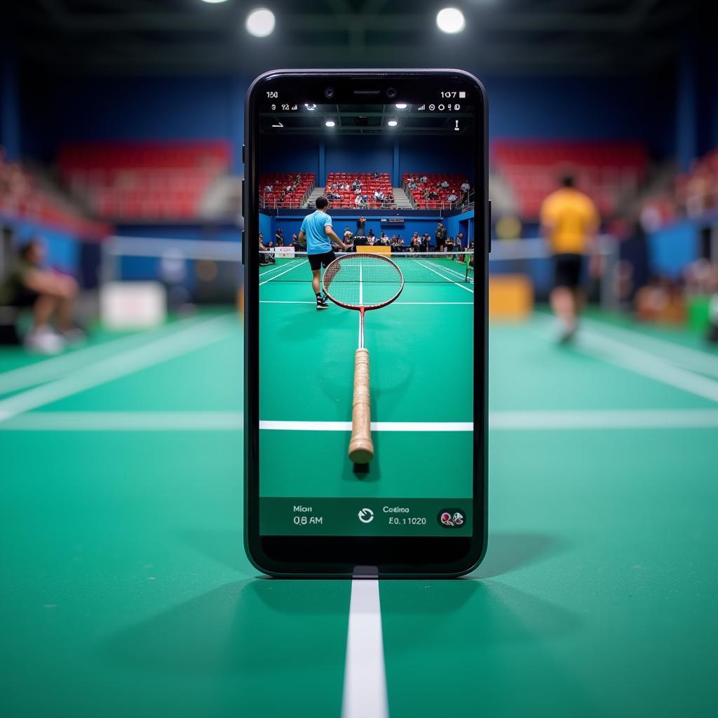 Smartphone displaying badminton game on court