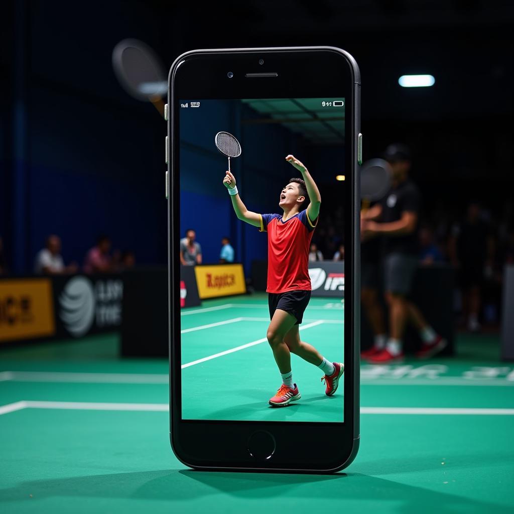 Badminton player celebrating victory on phone screen