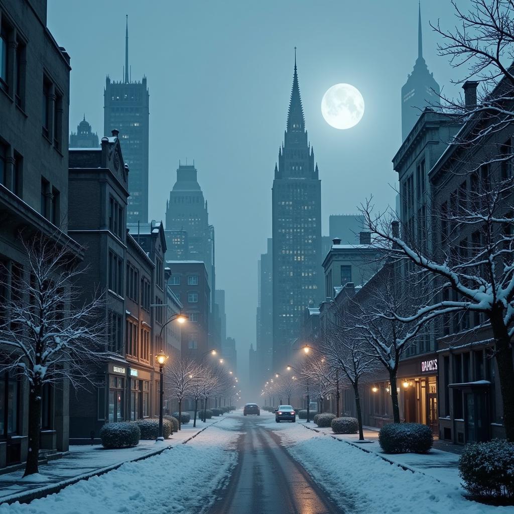 A panoramic view of a snow-covered Gotham City in Arkham Origins