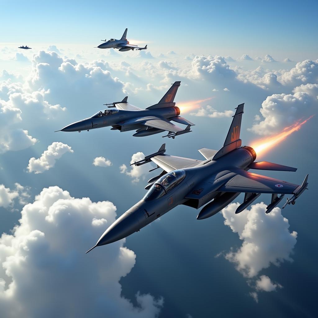 Two fighter jets engaged in a fierce dogfight, showcasing the intense gameplay of AFPS airplane flight APKs.