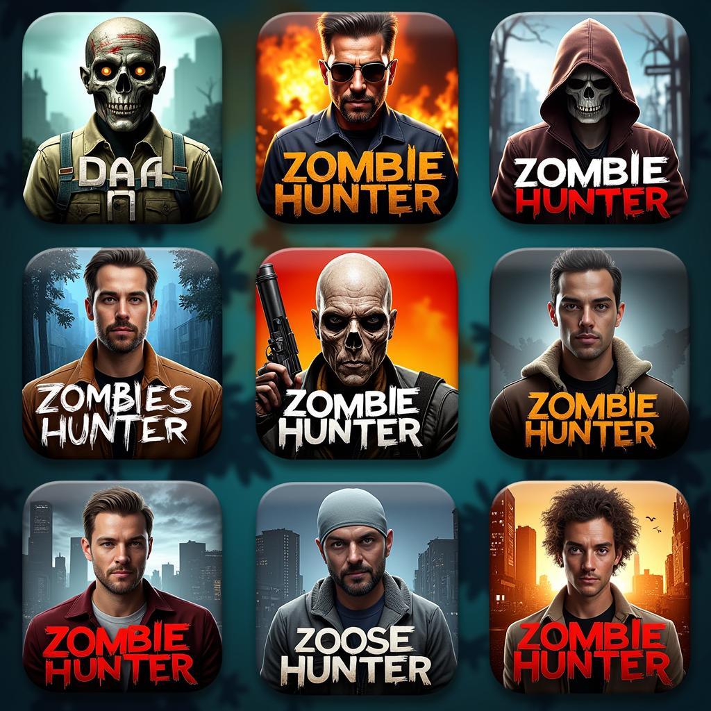 Various zombie hunter game icons on a mobile screen.