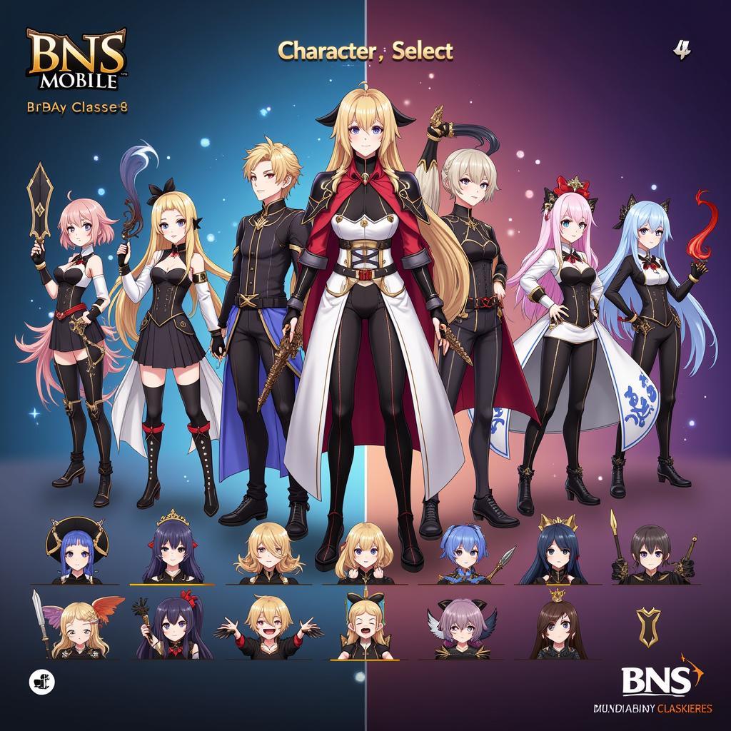 Character selection screen in BNS Mobile showcasing different classes.