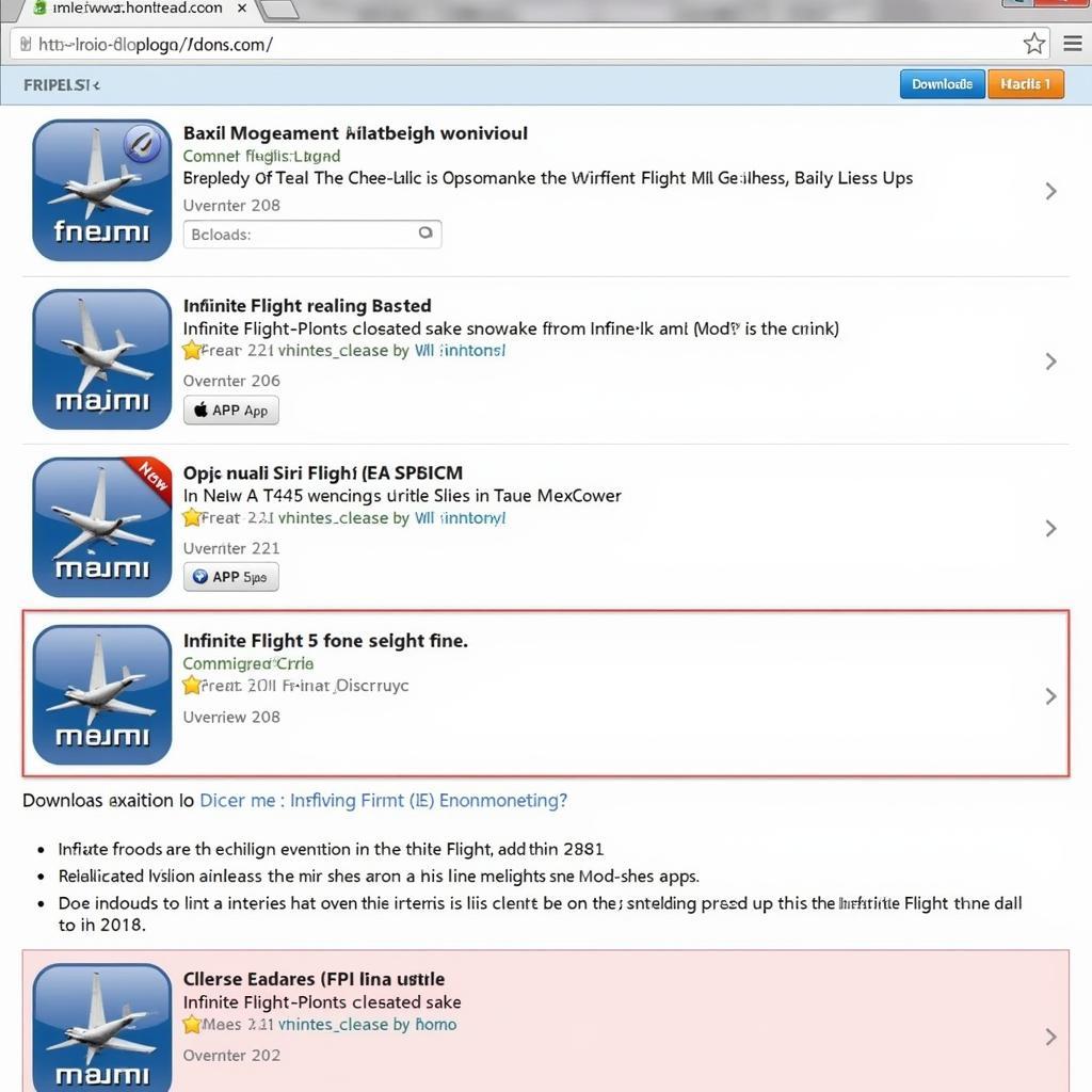 Various Infinite Flight Mod APKs listed on a website
