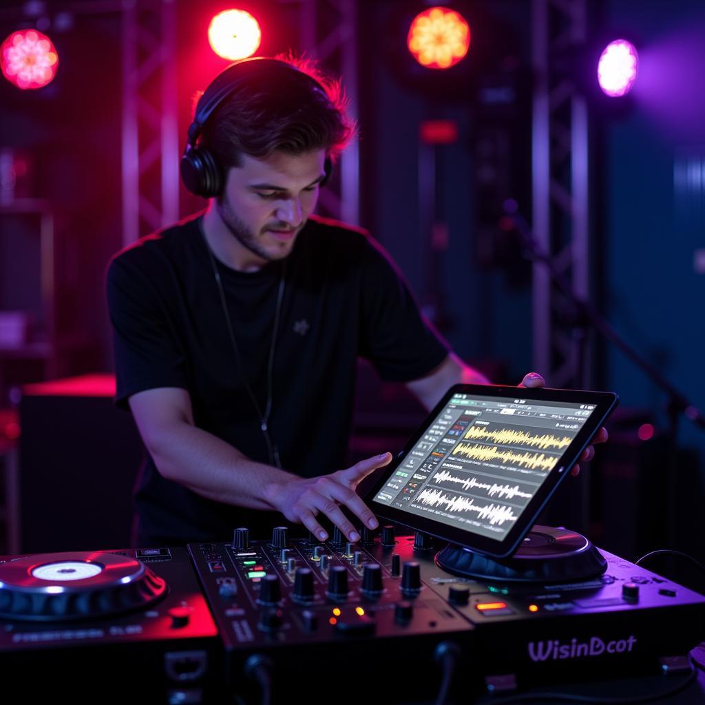 A DJ using a beat finder app on a tablet during a live performance.