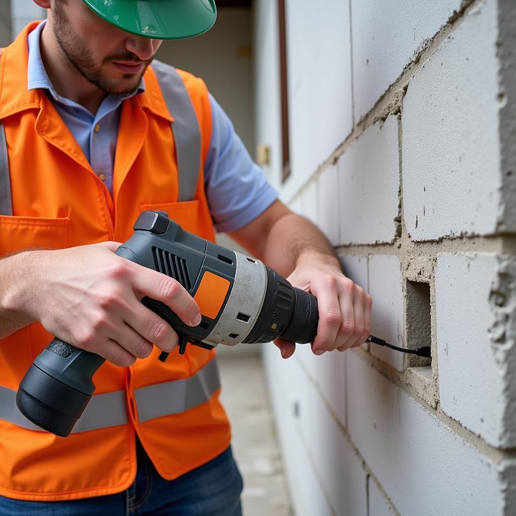 Drilling into a concrete wall using an electric drill