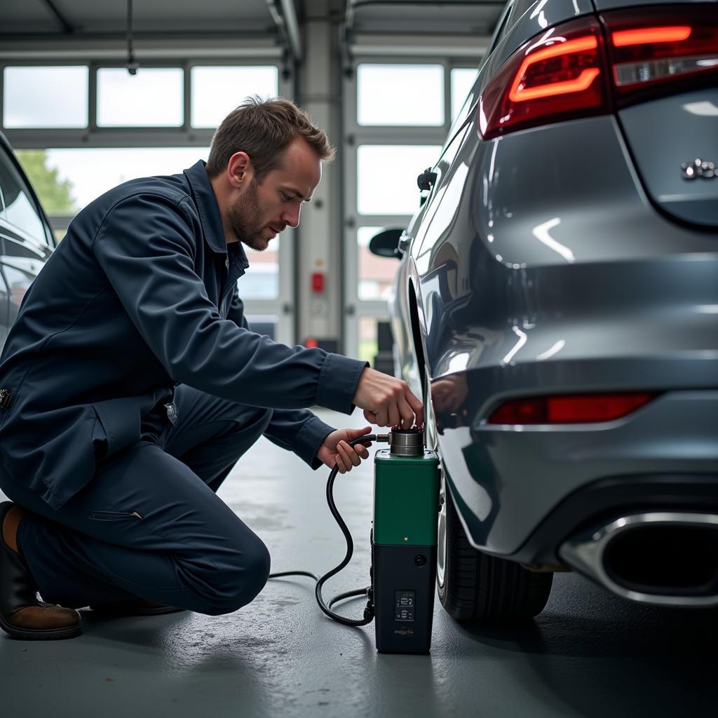 Car undergoing emissions test in a Leeuwarden garage