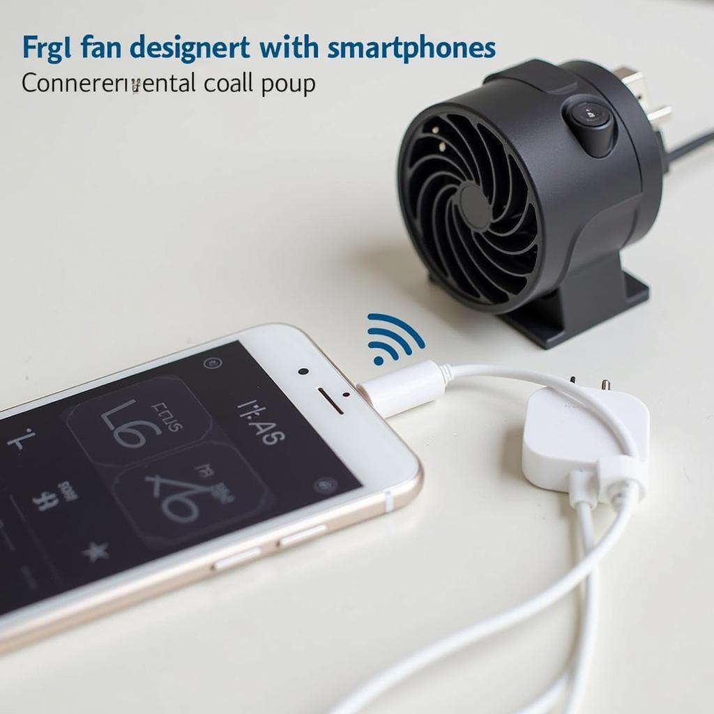 A smartphone connected to a portable fan