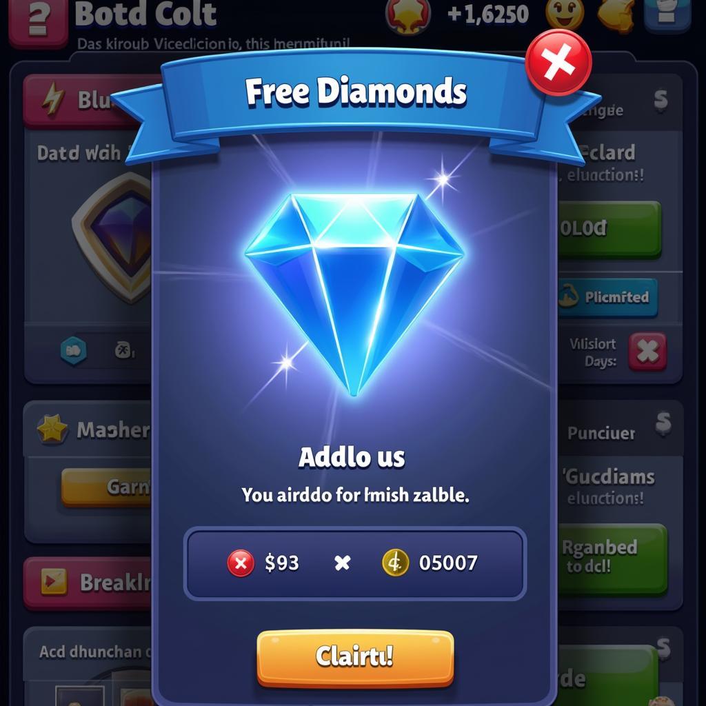 Mobile Game Interface Displaying Free Diamonds