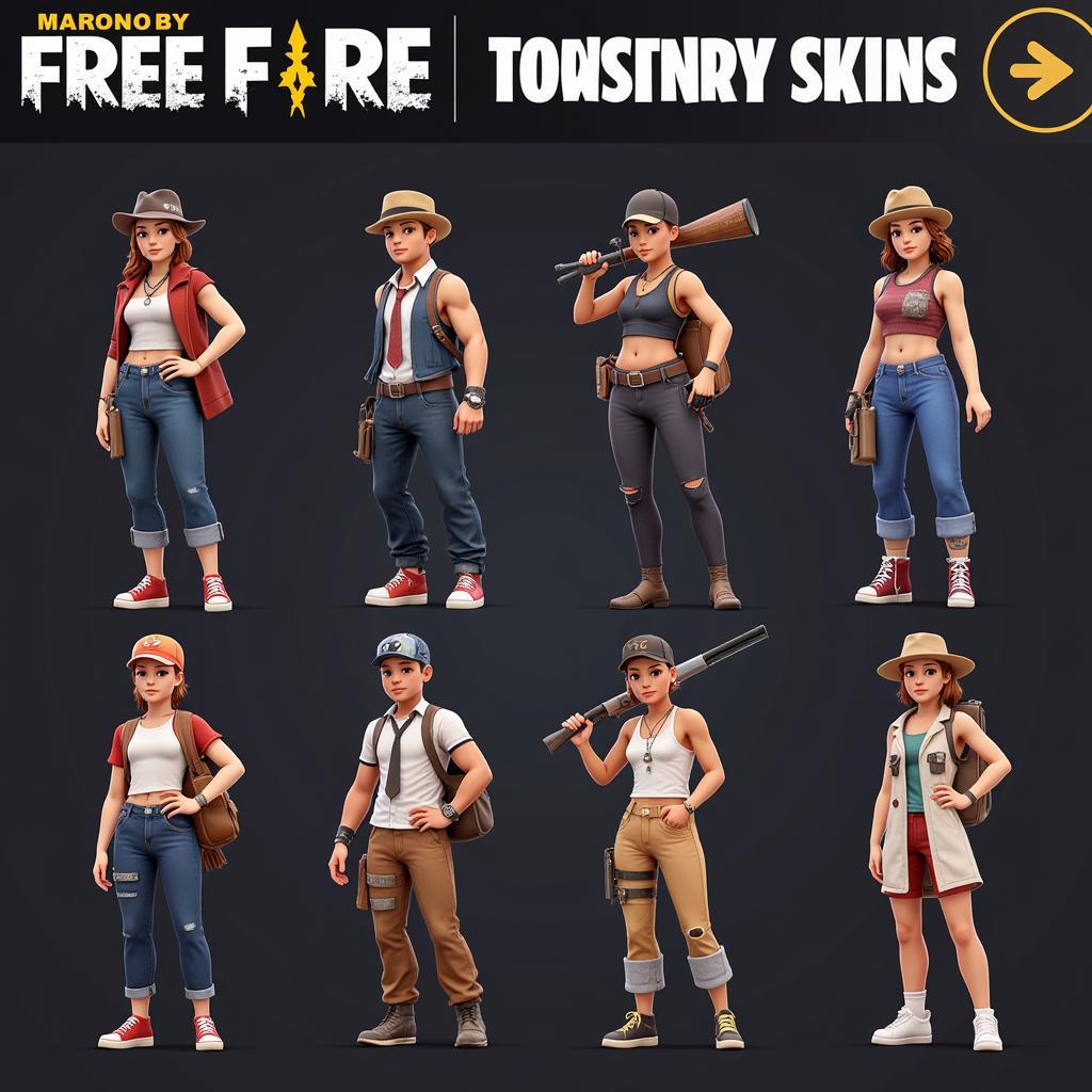 A selection of Free Fire character skins