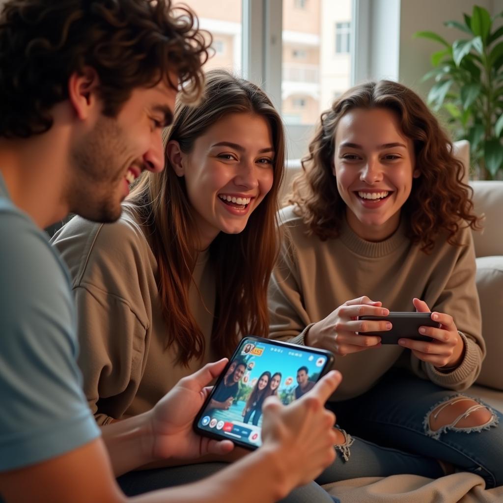 Group of friends video calling while playing a mobile game together