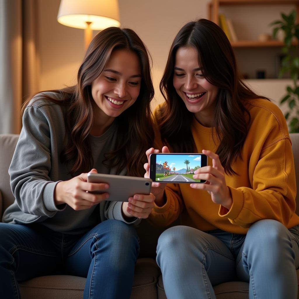 Two friends having a great time playing a 2-player game together