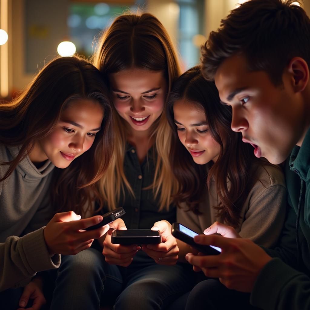 A group of friends enjoying mobile games together during Tet