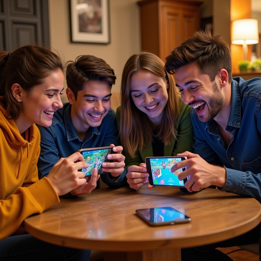 Friends enjoying local multiplayer game on their phones