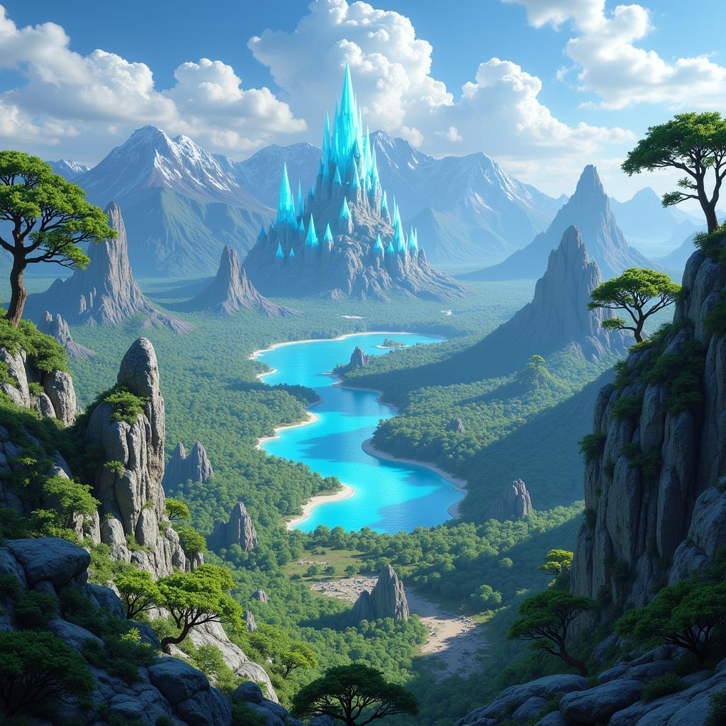 Panoramic view of the Crystal Isles showcasing its diverse biomes