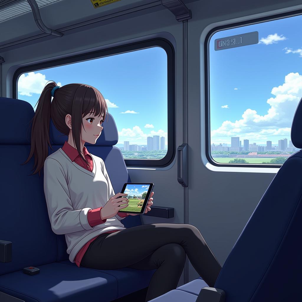 A person fully engrossed in playing an anime game on their phone during a train ride