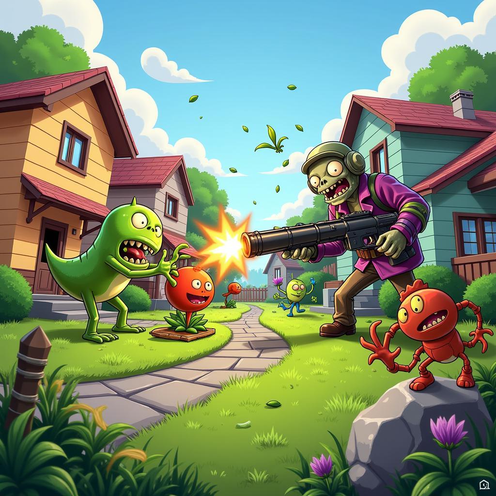 Gameplay screenshot showing plants and zombies battling in a suburban environment