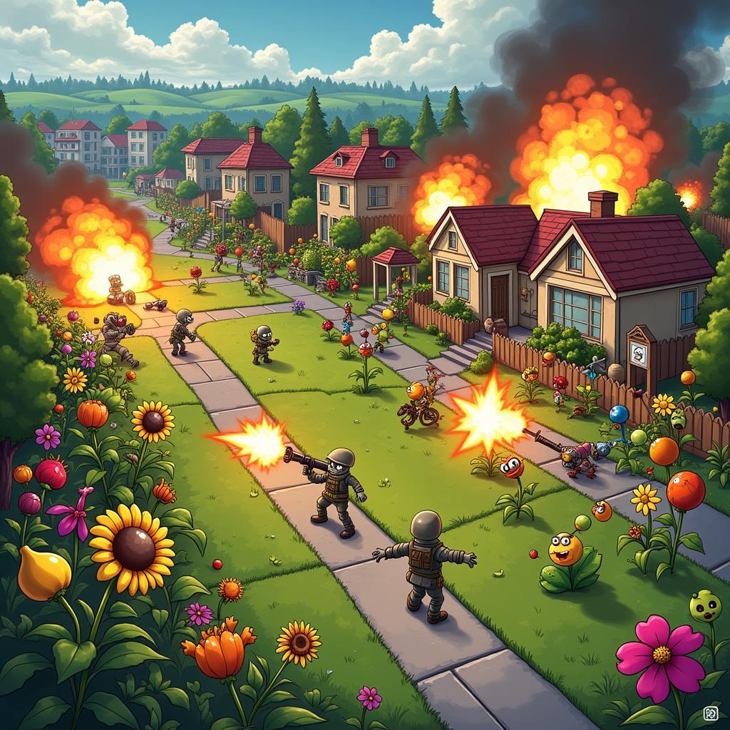 Intense multiplayer match in progress, with teams of plants and zombies clashing in a suburban street