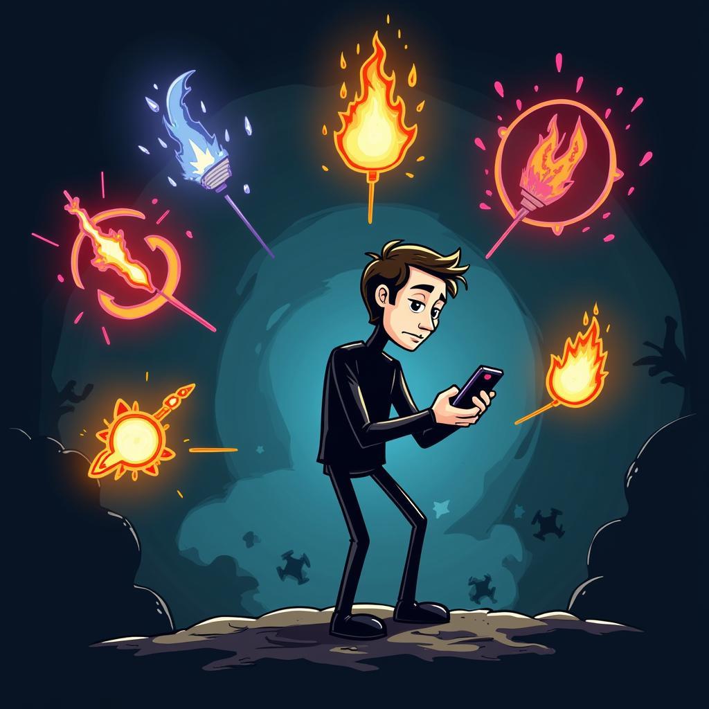 A stickman gamer intensely focused on a mobile phone, with glowing power-ups surrounding him.