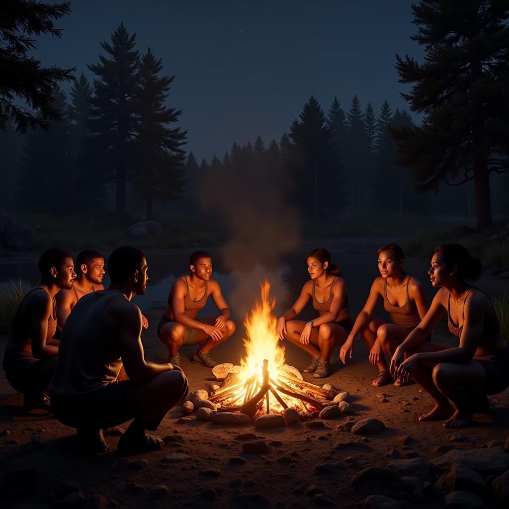 Survival Evolved 11 tribe gathering around a campfire