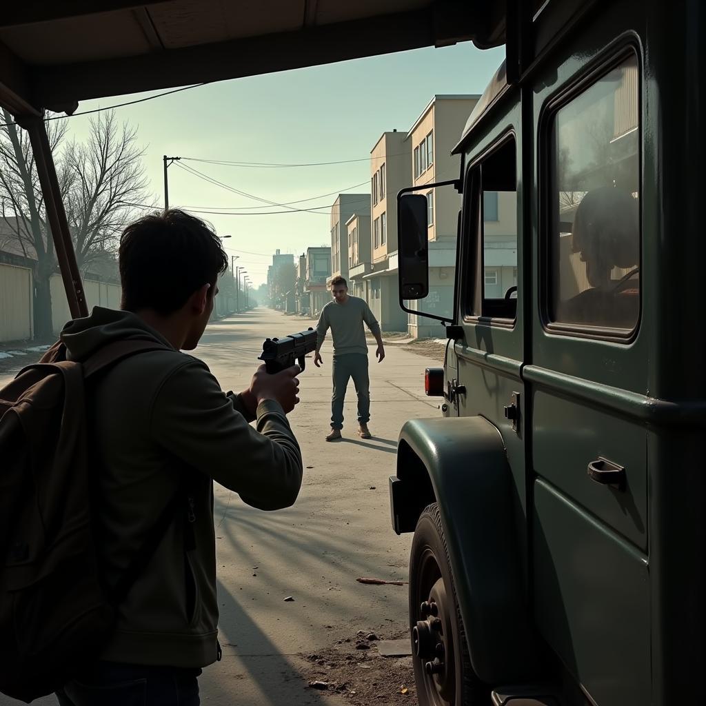 A player character hiding behind a car, aiming at a zombie.