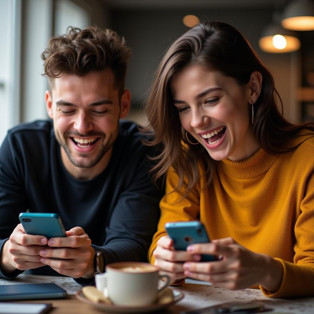 Two friends deeply engaged in a 2-player mobile game