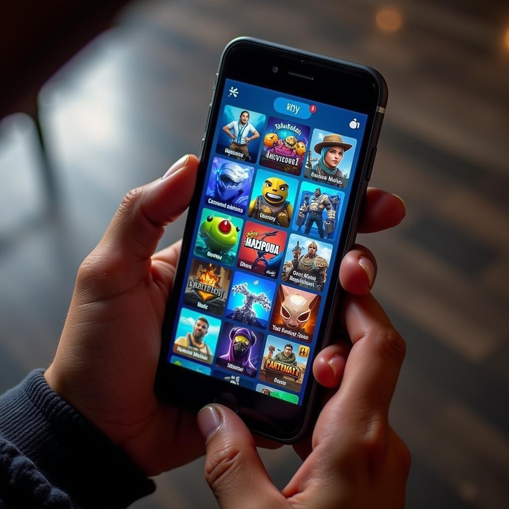 Mobile gaming on a smartphone with various app icons displayed.