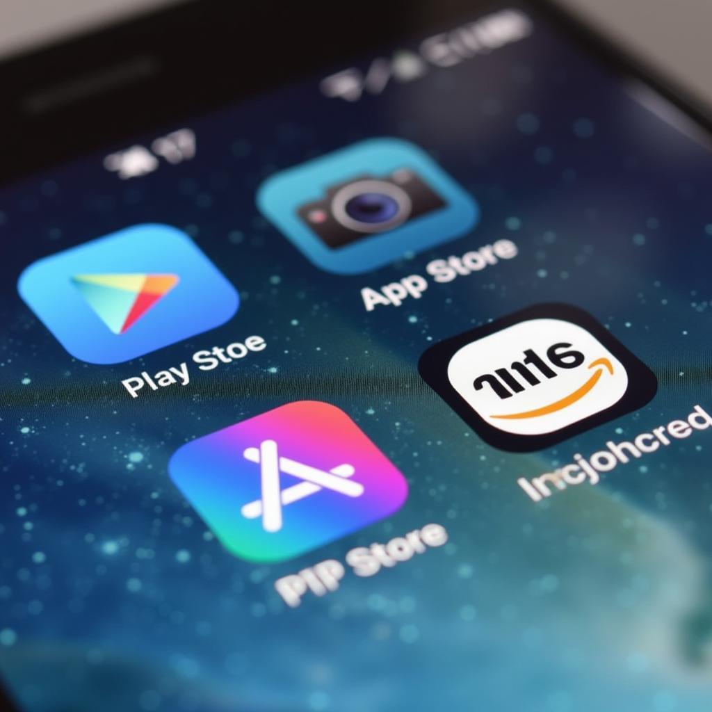Various official app store icons displayed on a mobile device screen.