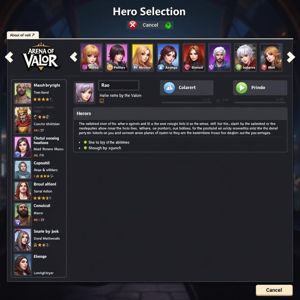 Arena of Valor Lite Hero Selection Screen