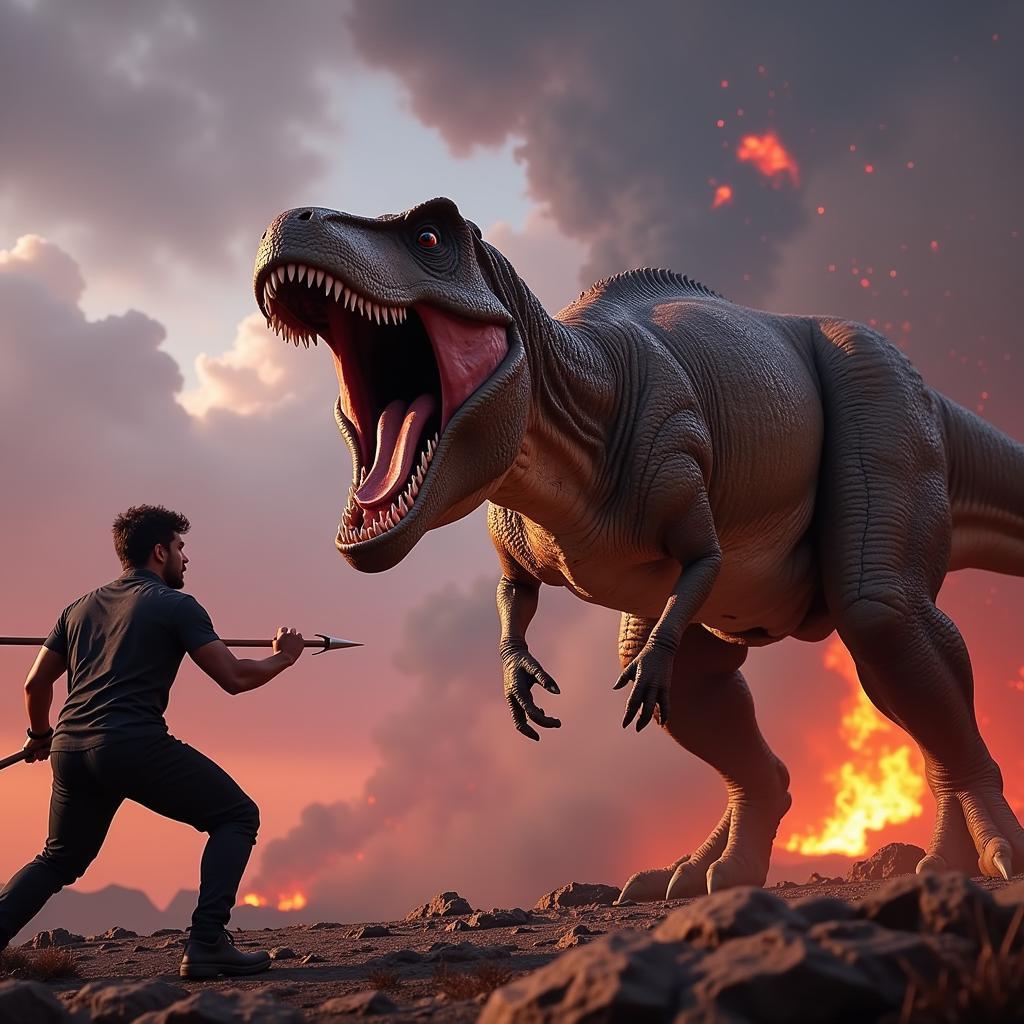 Fighting a T-Rex in ARK Mobile Mod APK 2.0.10