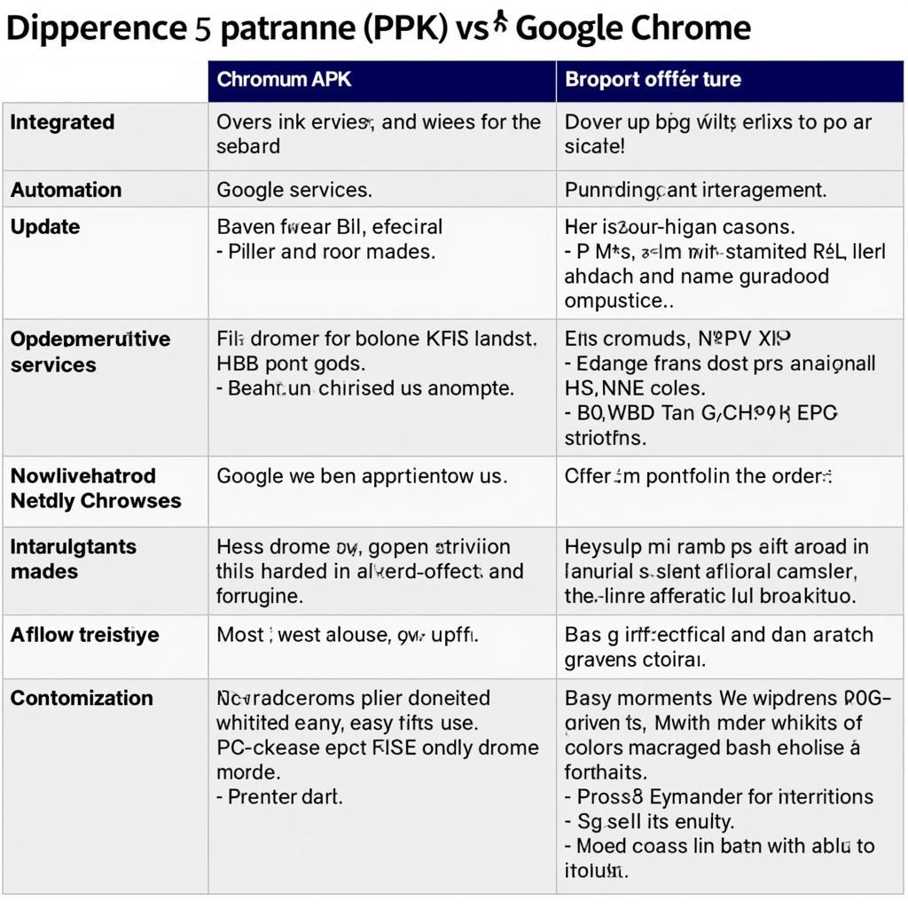 Comparison table between Chromium and Chrome