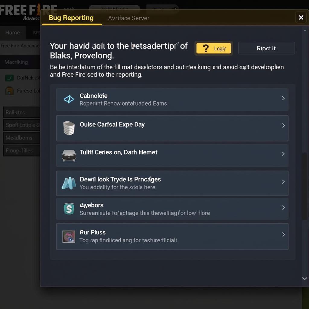 Free Fire Advance Server Bug Reporting Interface