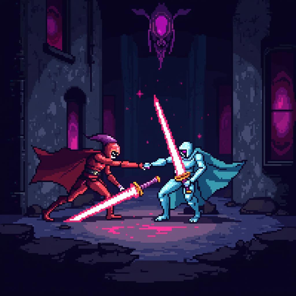 Intense combat scene from Hyper Light Drifter showcasing the Drifter's light sword and a menacing enemy.