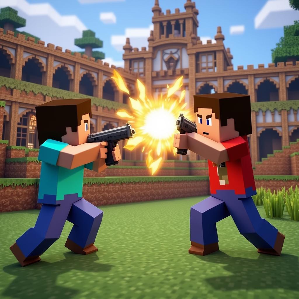 Intense PvP Battle in a Minecraft Shooting Game