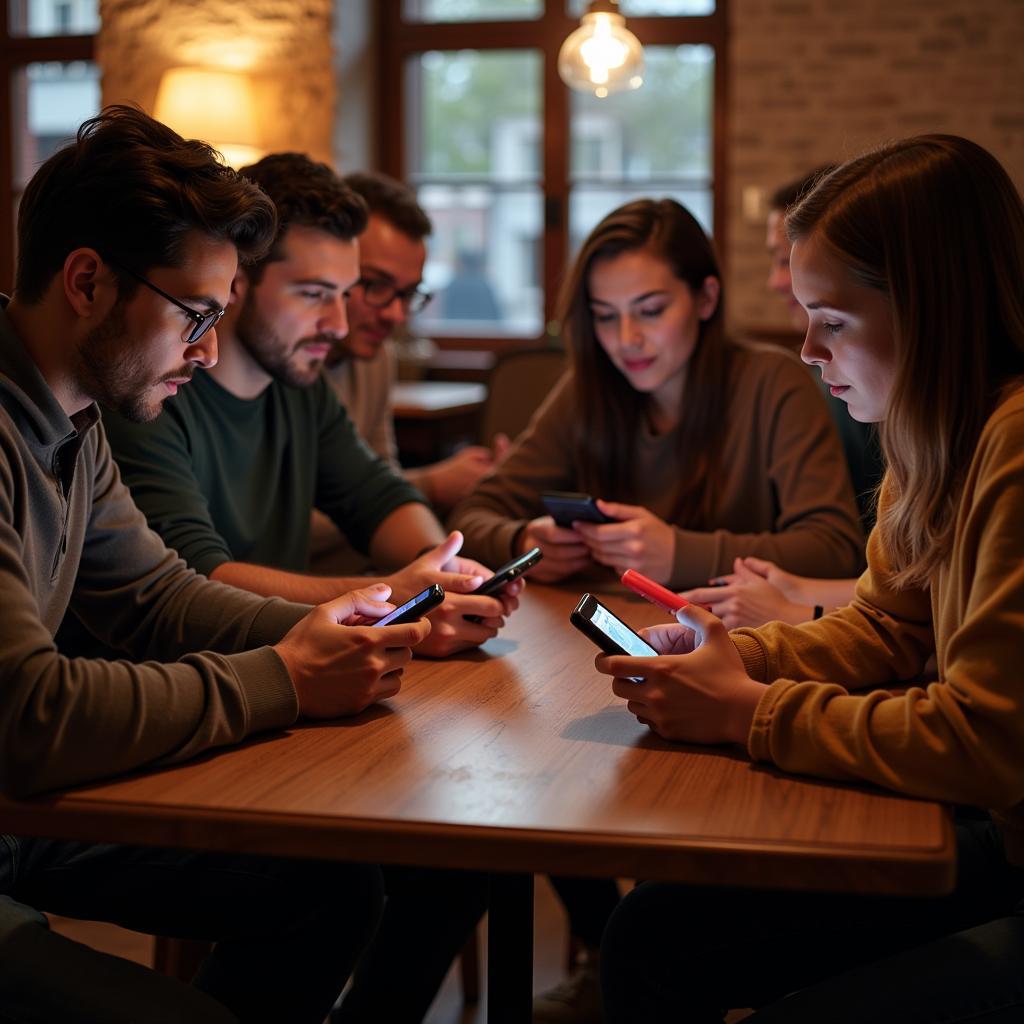 A group of friends gathered around a table, playing mobile games on their smartphones.