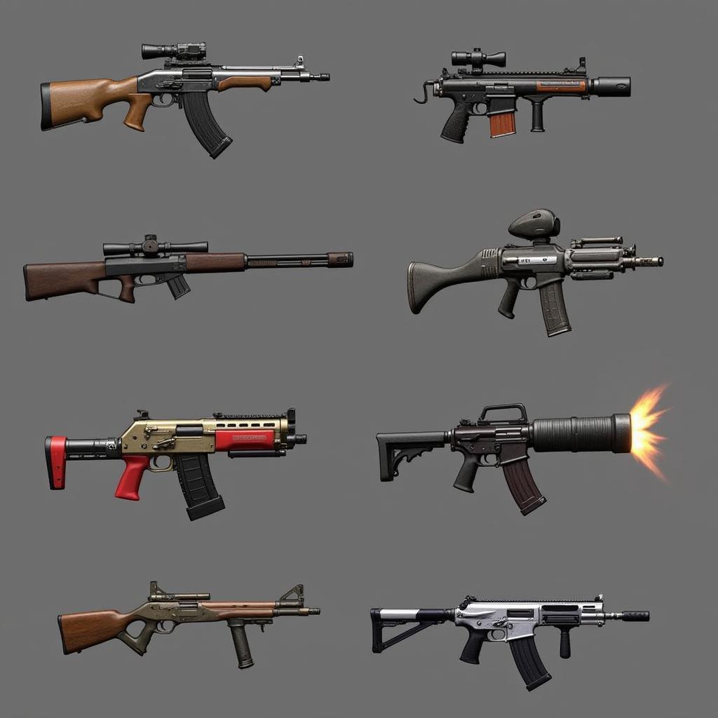 Showcase of various weapons available in Ailment Mod APK.