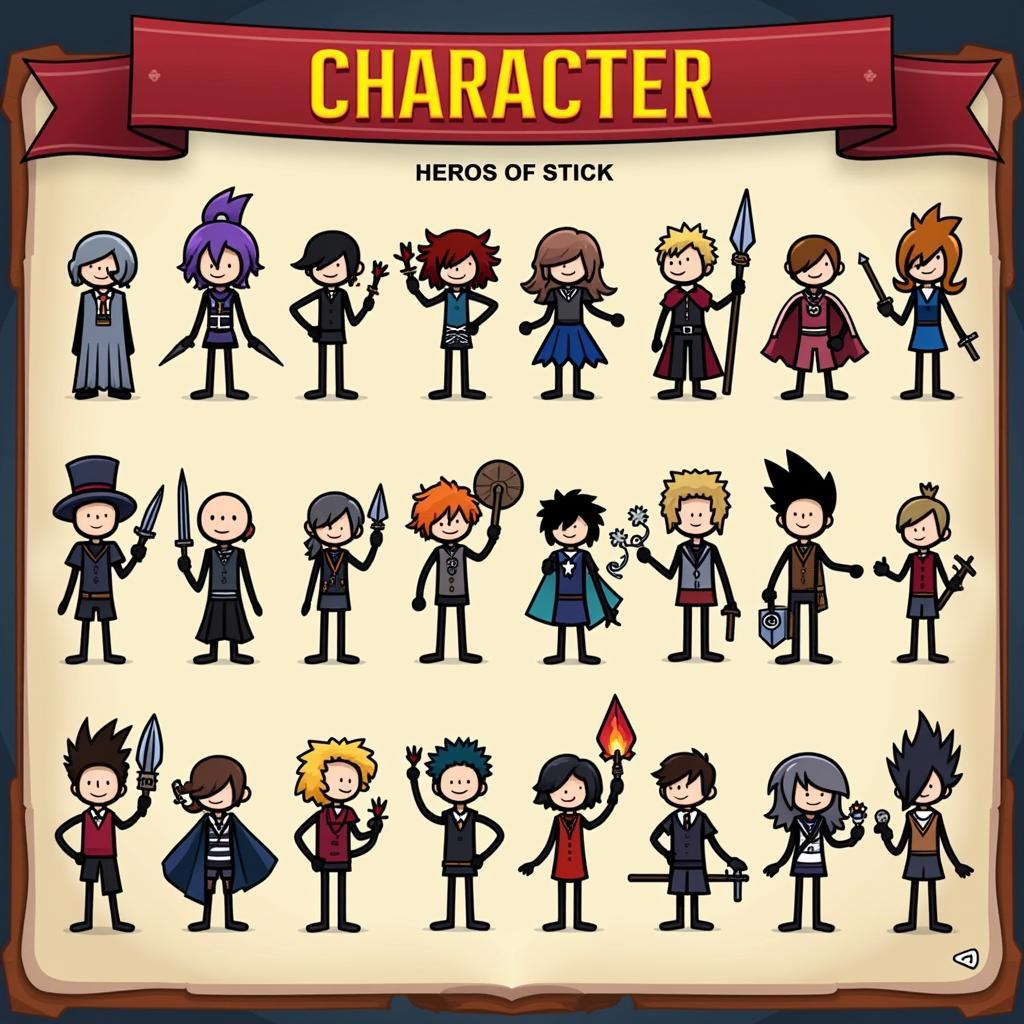 Character selection screen in Anger of Stick 5 mod APK showcasing various stick figure heroes.