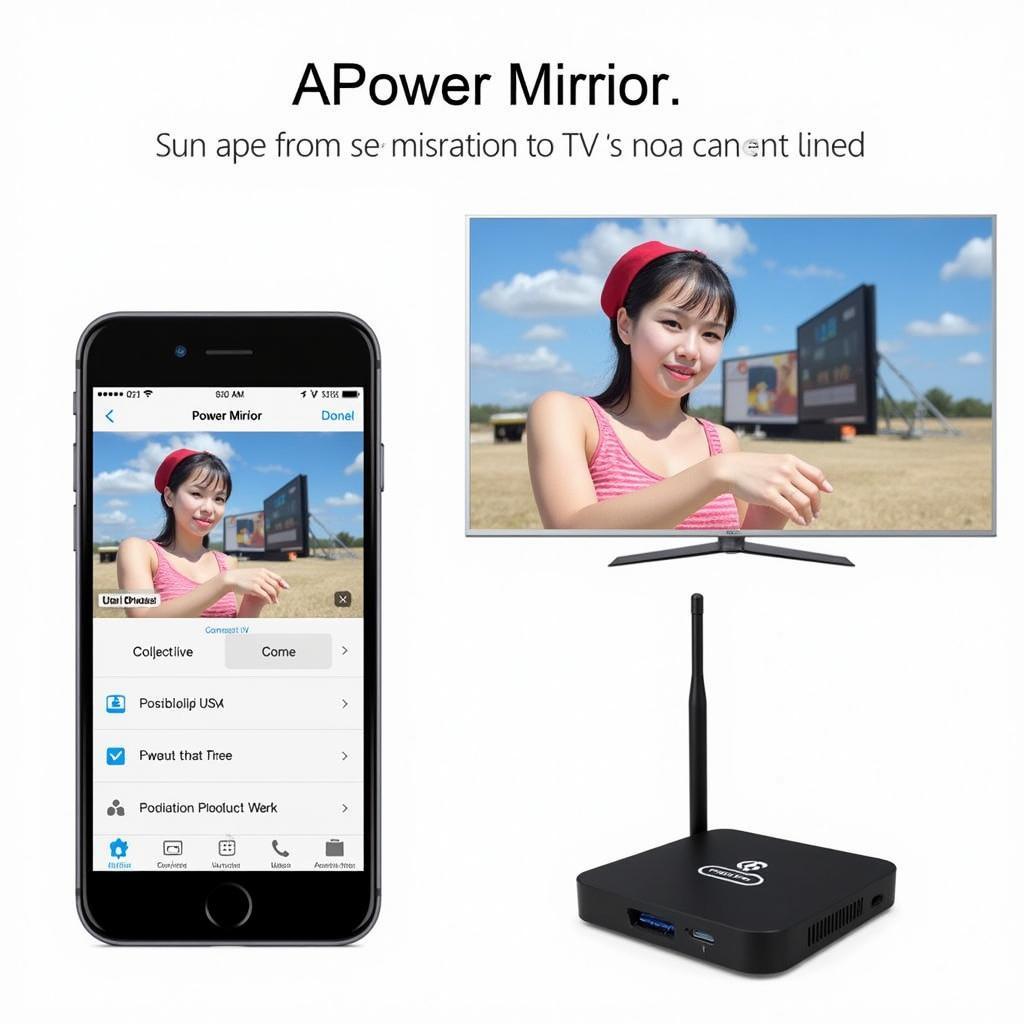 ApowerMirror screen mirroring app interface on Android phone and TV box