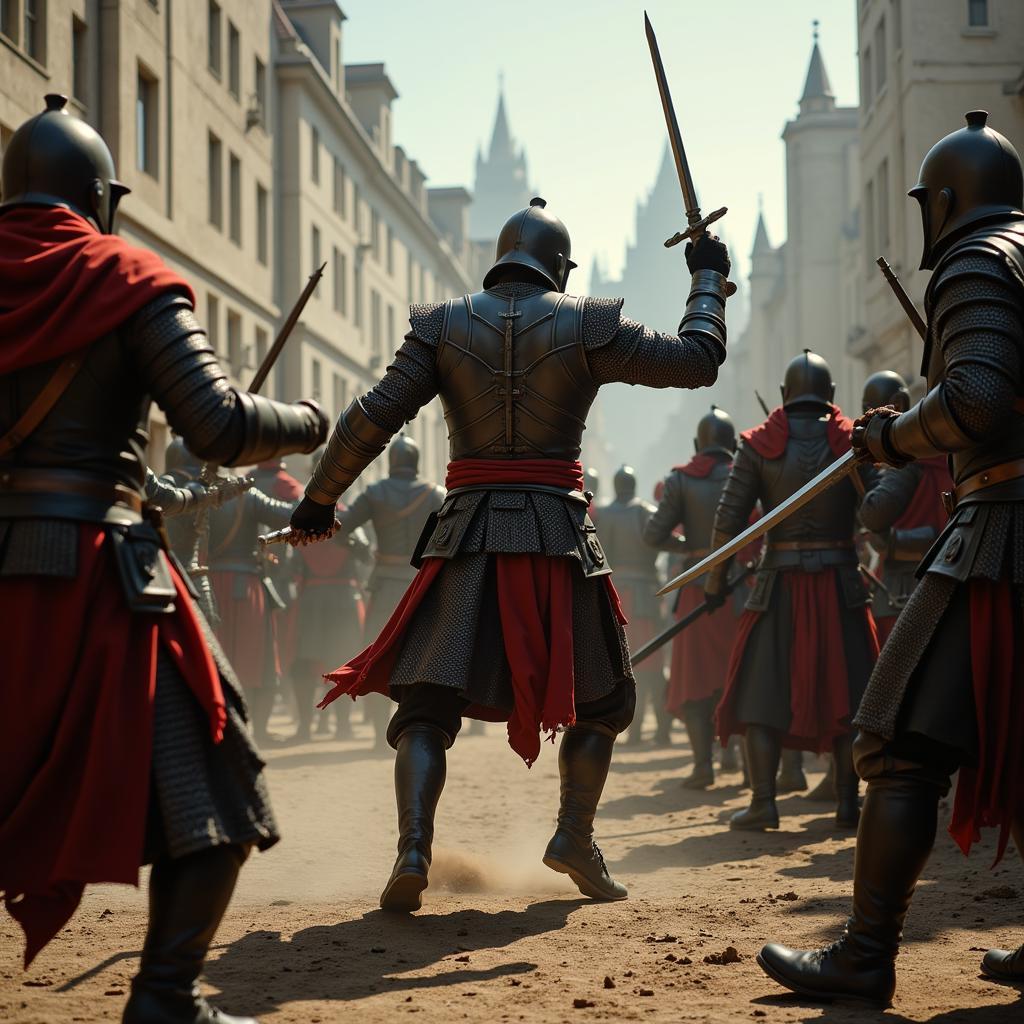 Ezio engaged in combat against multiple guards, demonstrating the game's combat system.