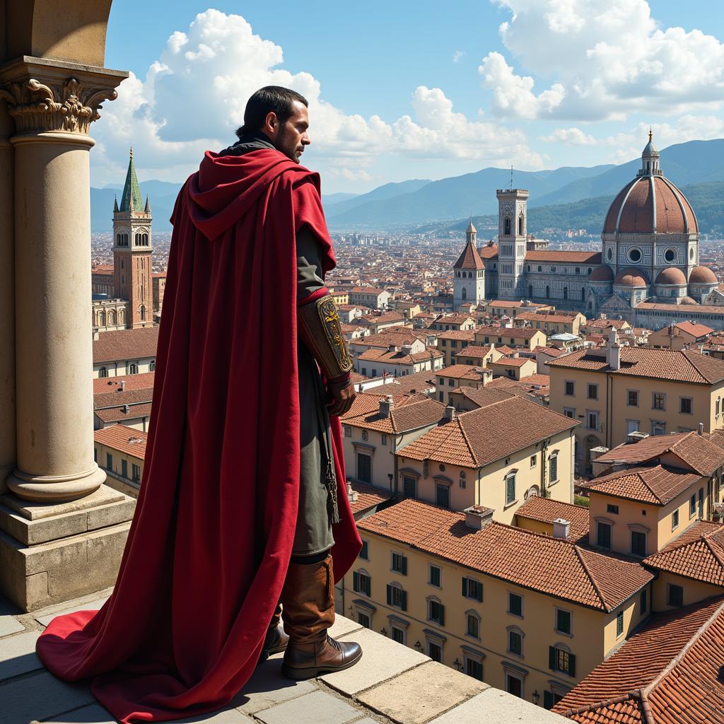 Ezio Auditore in Florence, showcasing the beautiful Renaissance architecture.