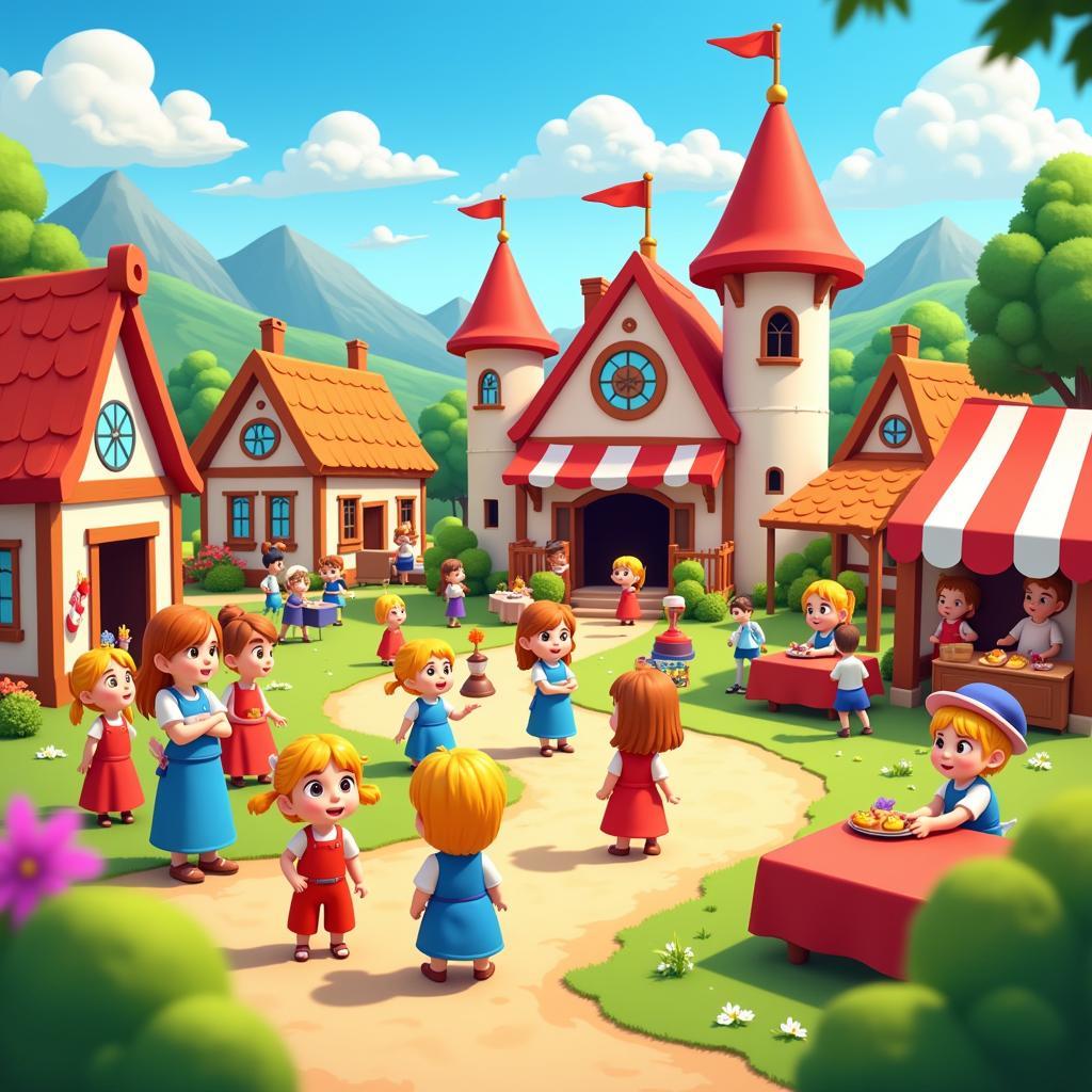 Happy villagers celebrating a festival in their thriving town, showcasing the vibrant and engaging gameplay of Dream Town Story Mod APK.